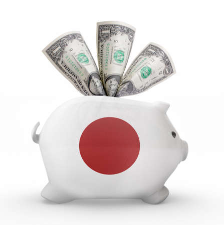 Side view of a piggy bank with the flag design of Japan.(series)の写真素材