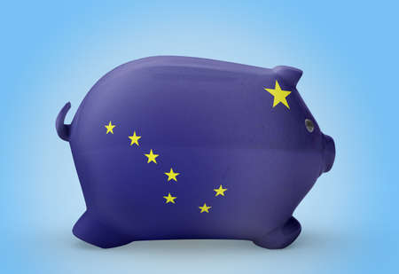 Side view of a piggy bank with the flag design of Alaska.(series)の写真素材