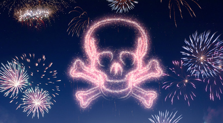 A dark night sky with a sparkling red firecracker in the shape of a skull composed into.(series)