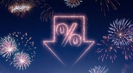 A dark night sky with a sparkling red firecracker in the shape of a discount composed into.(series)