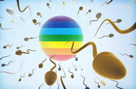 Insemination concept: Sperms swimming away from a rainbowed oocyte.の写真素材