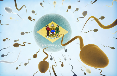 Emigration concept illustration: Sperms of different colors (for different races) swimming away from an egg cell with the flag of Delaware.の写真素材