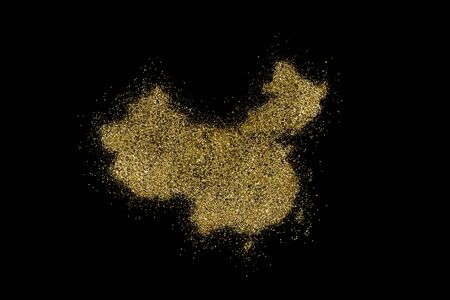 China shaped from golden glitter on a black background (series)の写真素材