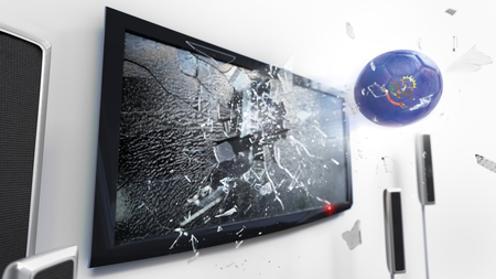 Soccer ball with the flag of North Dakota flying through a shattering tv screen.(3D rendering series)の写真素材