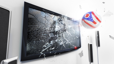 Soccer ball with the flag of Ohio flying through a shattering tv screen.(3D rendering series)の写真素材