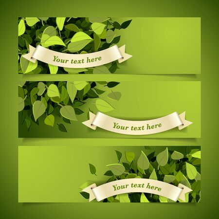 Set of green headers with leaves and banners, illustrationのイラスト素材