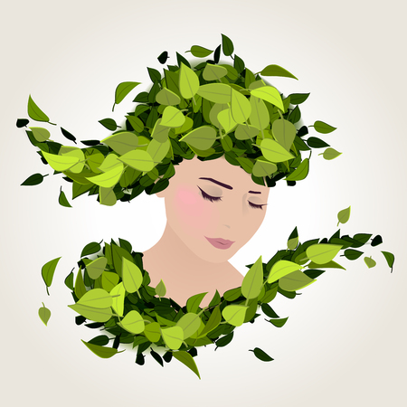 Girl stylized profile design with green flying leavesのイラスト素材