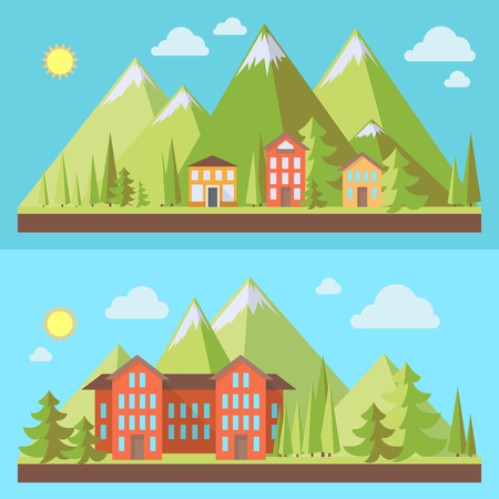 Mountain resorts, landscapes with pine trees in flat style, eco scene, vector illustration setのイラスト素材