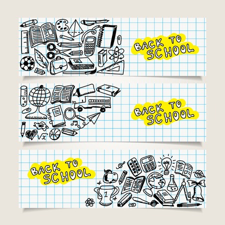 Set of banners with school icons, sketch collection in doodle style, illustrationのイラスト素材