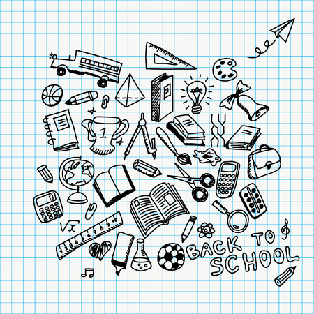 Back to school illustration with hand drawn school supplies doodlesのイラスト素材