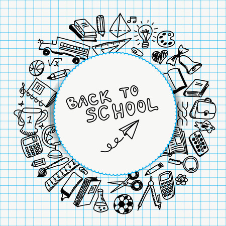 School supplies drawn in sketch style, back to school illustrationのイラスト素材
