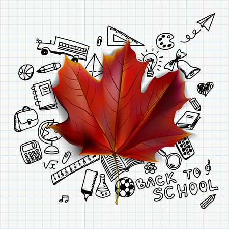 Back to school vector illustration with hand drawn school supplies doodles and red maple leafのイラスト素材