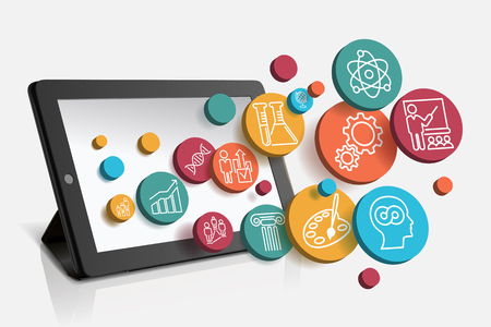 Tablet with educational icons, technology background, illustrationのイラスト素材