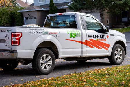 Ottawa, Ontario, Canada - October 25, 2020: A U-Haul rental pick-up truck parked in a suburban...