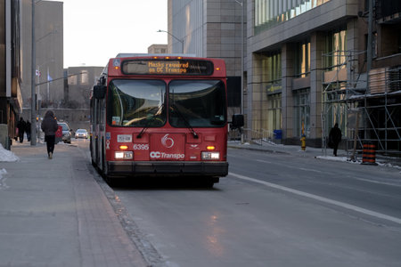 Ottawa, Ontario, Canada - January 8, 2021: A city bus in downtown Ottawa displays a marquee reading...