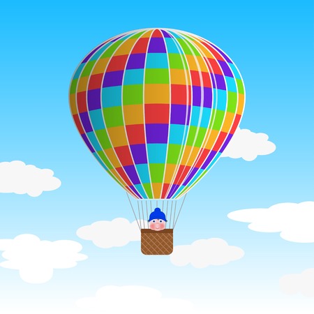 Hot air balloon with a child in basket - vector illustrationのイラスト素材