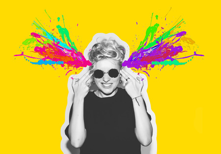 Magazine style collage headshot portrait of rocky emotional woman blow mind with finger gun gesture,...