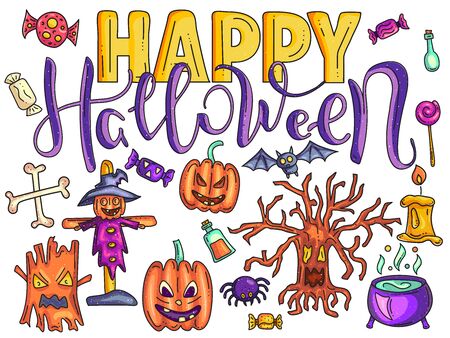 Set of Happy Halloween doodle. Lettering. Vector stock illustration.のイラスト素材