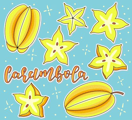Carambola. Whole and pieces. Vector stock illustration. Colored fruit set isolated on yellow background. Lettering.のイラスト素材