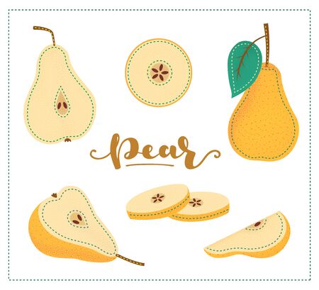 Pear. Whole and pieces. Stock illustration. Colored fruit set isolated on white background. Lettering.の写真素材