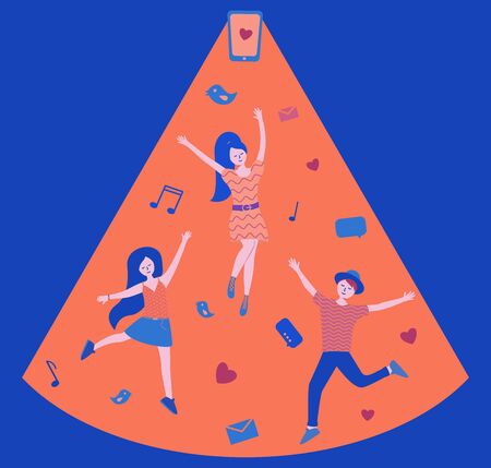 Group of young joyful laughing people jumping and enjoying social networks. The light from the phone illuminates the lives of three people. Vector stock illustration in flat cartoon style.のイラスト素材