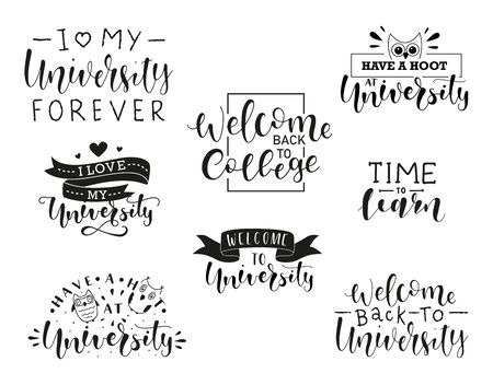 Welcome Back to University hand drawn lettering. Black text isolated on white background.Set of vector stock illustrationのイラスト素材