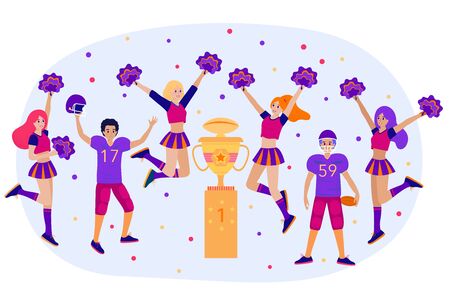 Winner Concept with Cheerleaders Team and American Football Players around Golden Cup and Confetti. Cartoon Vector Stock Flat Illustrationのイラスト素材