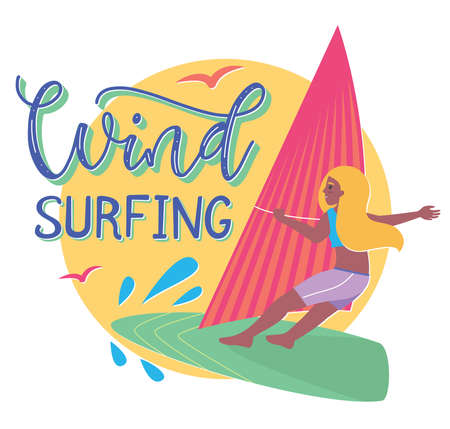 Cartoon girl on windsurfing board, vector Illustration in flat style, summertime template with colored text and sun tanned young happy woman.のイラスト素材
