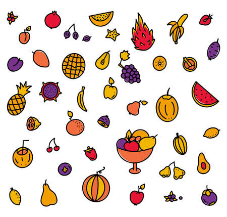 Multicolored set of hand drawn fruits elements for greengrocer or menu, vector stock illustration, colored doodle isolated on white background.のイラスト素材