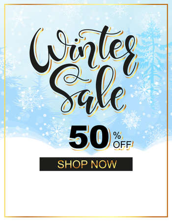 Winter sale calligraphy - Elegant winter background design with hand drawn lettering and snowflakes in gold frame. Sale or big discount template, trendy vector illustration.のイラスト素材