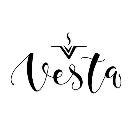Vesta - astrological symbol and hand drawn lettering. Black vector illustration isolated on white backgroundのイラスト素材