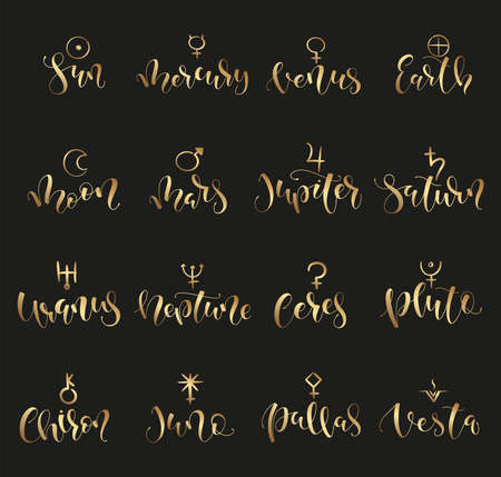 Gold lettering and icon of planet in astrology. Vector illustration with sign.のイラスト素材