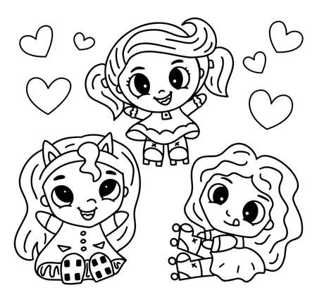 Happy cartoon girls with big eyes, doodle collection. Vector illustration with three girls on roller skates.のイラスト素材