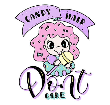 Candy hair dont care, colored vector illustration with text and cartoon girl with big eyes and candy.のイラスト素材