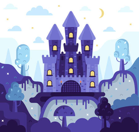 Fairytale castle on the mountain, moon and stars overhead, trees and hills below - vector cartoon illustrationのイラスト素材