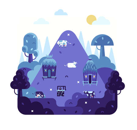 Ancient village houses with thatched roof, well with a bucket and cows graze in the meadow - Flat cartoon illustration in violet colorのイラスト素材