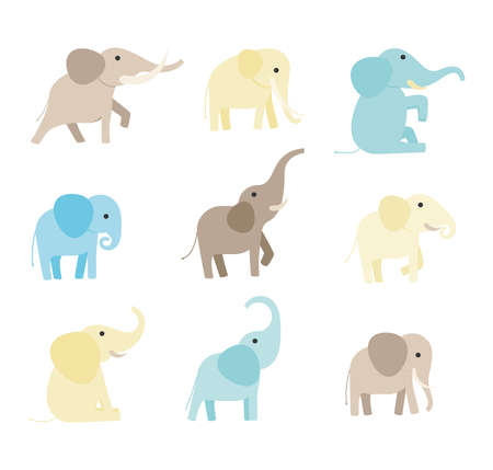 Flat cartoon set of multicolored elephants in different poses -vector illustrationのイラスト素材