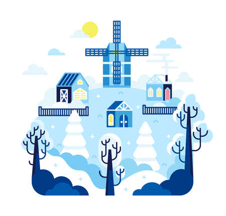 Small village with snow-covered houses and a mill on a hill - winter scene in flat cartoon stile. Vector illustrationのイラスト素材