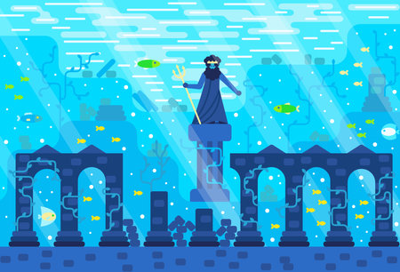 Greek ruins - statue of Poseidon with trident underwater, among columns, seaweed and fish. Vector illustration in flat designのイラスト素材