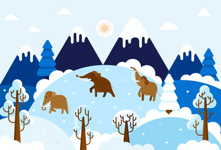 Three large woolly mammoth - vector illustration with prehistory animals, mountains and trees in the snowのイラスト素材