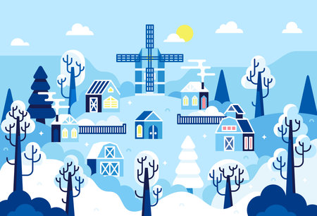 Winter sunny day landscape, snowy village with mill and barns on hill - vector cartoon illustration in flat cartoon stileのイラスト素材