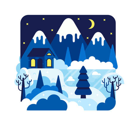 Vector illustration with house near frozen lake - winter cartoon flat designのイラスト素材