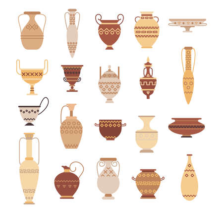 Set of ancient greek pottery isolated on white background - collection of clay pots, vases and amphoras. Flat vector illustration.のイラスト素材