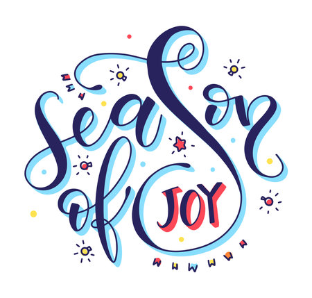 Season of joy - blue and red lettering with doodle festive elementsのイラスト素材