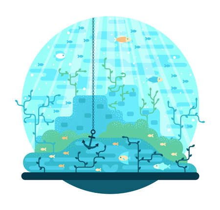 Anchor lies on the seabed - vector cartoon illustration in flat stileのイラスト素材