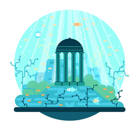 Monument to an ancient civilization stands on the seabed among fish and algae - vector cartoon illustrationのイラスト素材