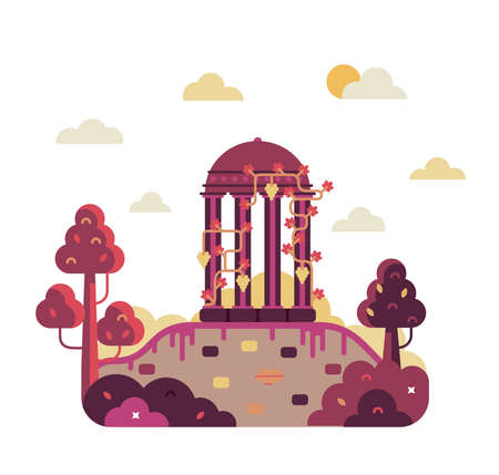 Colonade covered with grapes stands on the ruins of an ancient civilization - vector cartoon illustration in flat designのイラスト素材