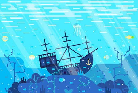 Vector cartoon illustration of deep seafloor with marine wildlife and shipwrecked boatのイラスト素材