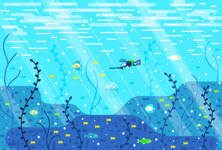 Little scuba diver spearfishing - vector cartoon illustration in flat stileのイラスト素材