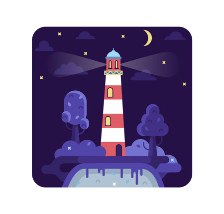 Lighthouse on coast of sea - vector cartoon illustration in flat stileのイラスト素材